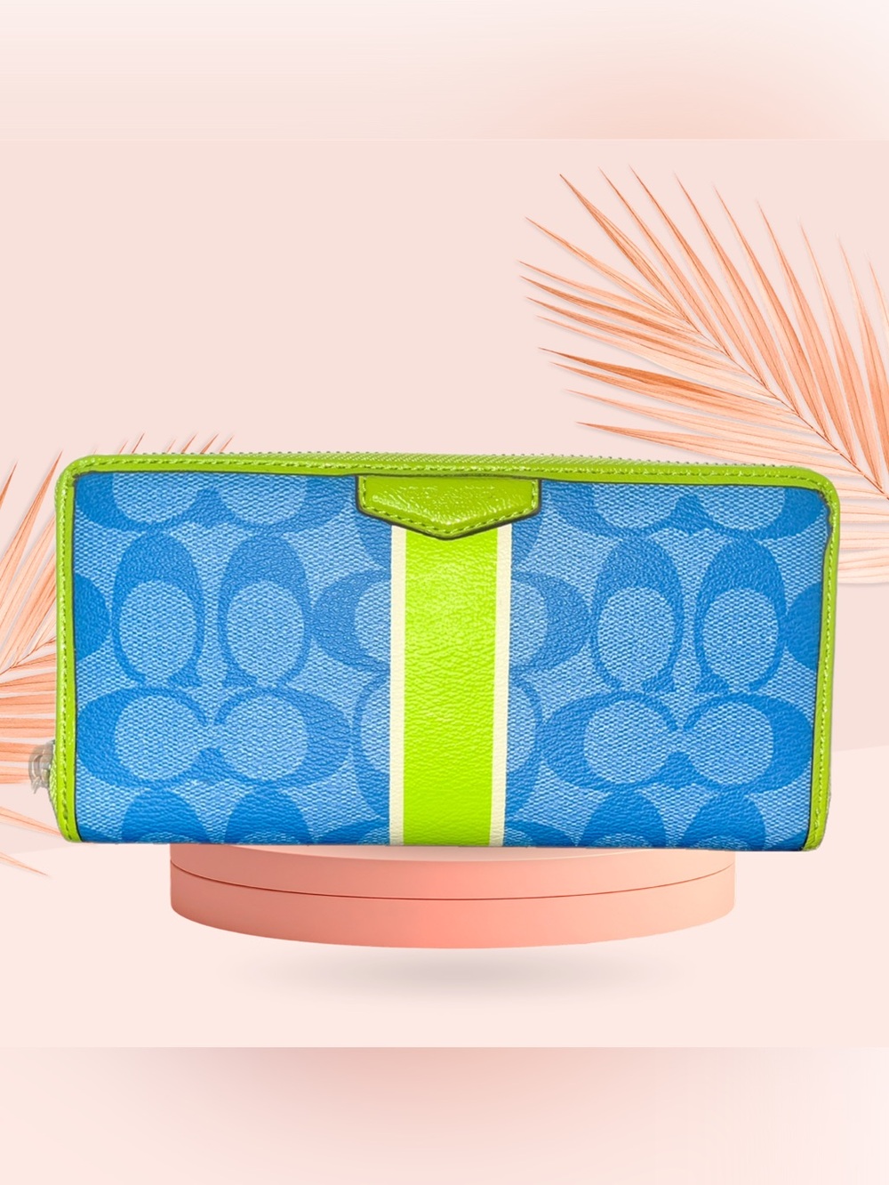 Coach Y2K Blue Signature Canvas Clutch with Neon Green Stripe